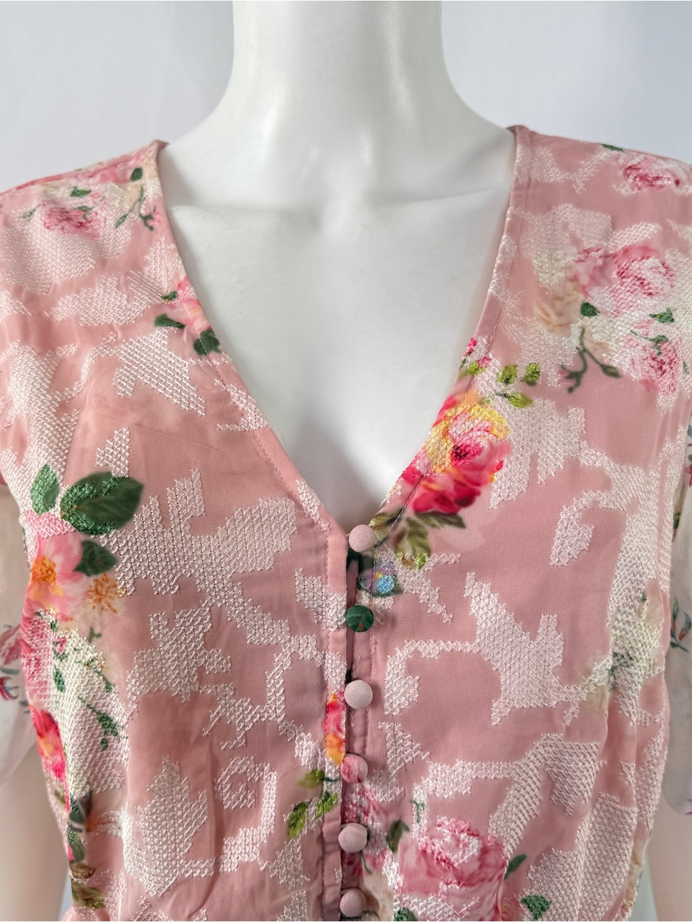 Hemant & Nandita Pink Rose Garden Floral Peplum Blouse Size S Coquette Romantic - Picture 2 of 8